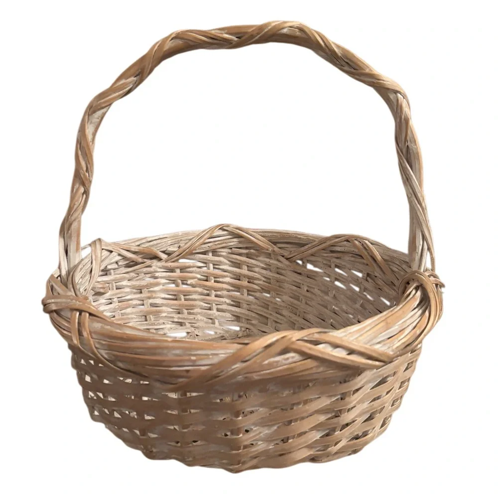 Hand Woven Gathering Basket Handcrafted Whitewashed Farmhouse Cottage Home Decor